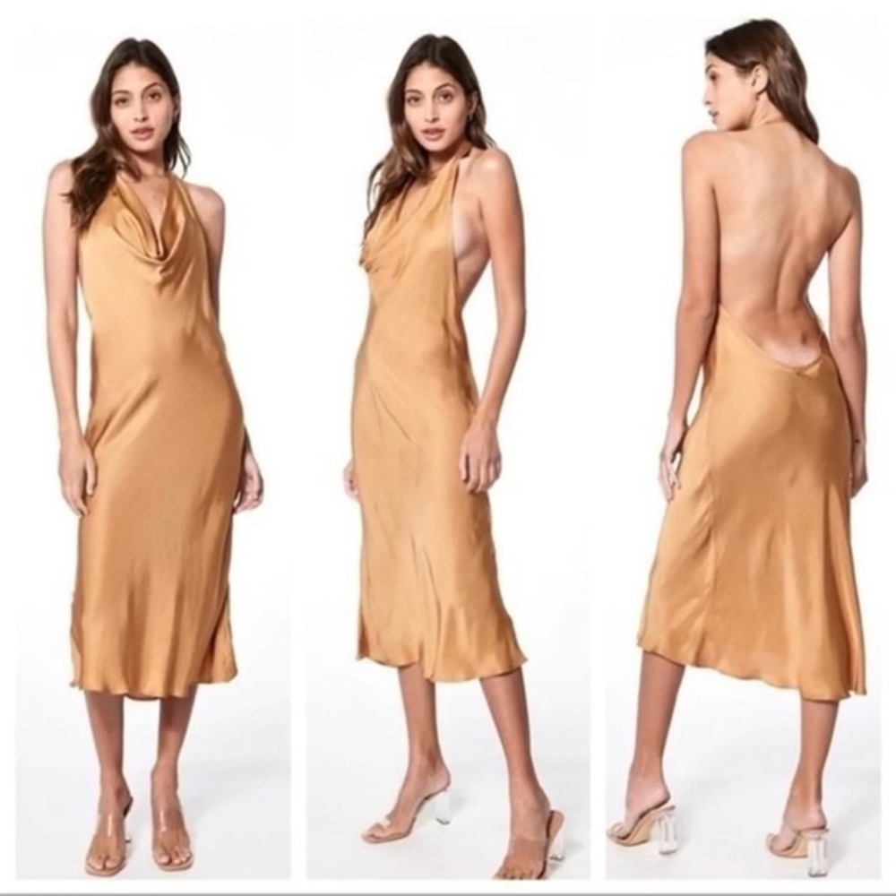 YOUNG FABULOUS & BROKE‎ Gold Halter Cow Neck Backless Satin Slip Dress Size S